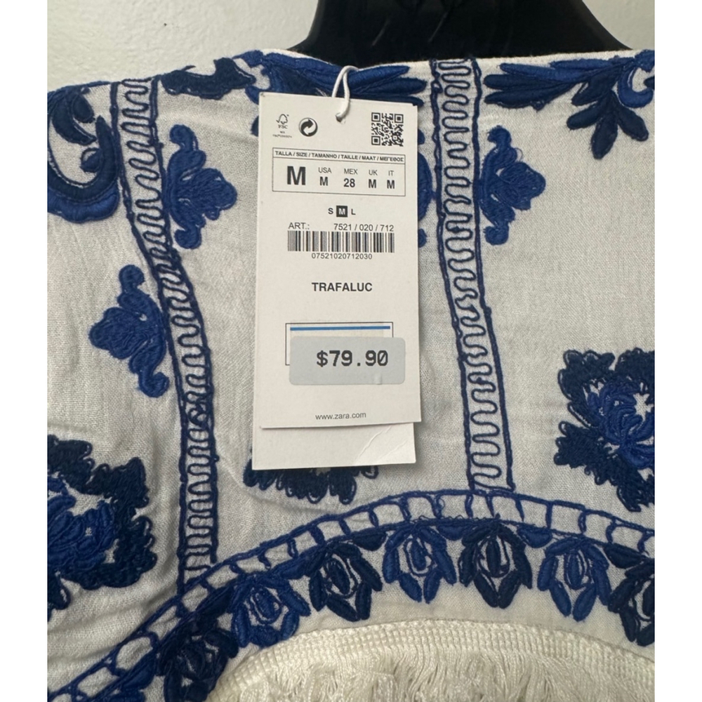 NEW Zara Trafaluc Embroidered Smocked Cardigan Size Medium White and Blue Flawed - Picture 13 of 16